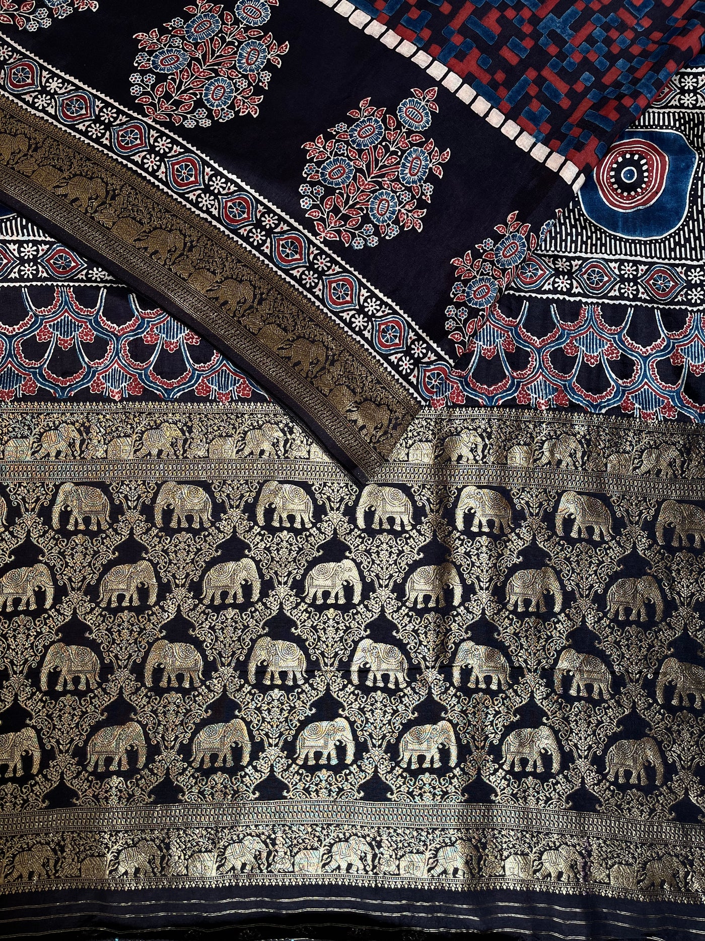 Rewa :Premium Dola Silk Meenakari Tissue Ajrakh