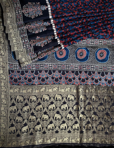 Rewa :Premium Dola Silk Meenakari Tissue Ajrakh