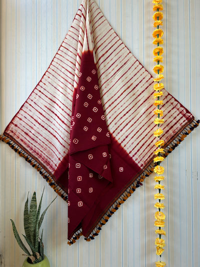 Red&White:Handloom Marino Wool Tie&Dye shawl