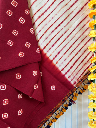 Red&White:Handloom Marino Wool Tie&Dye shawl