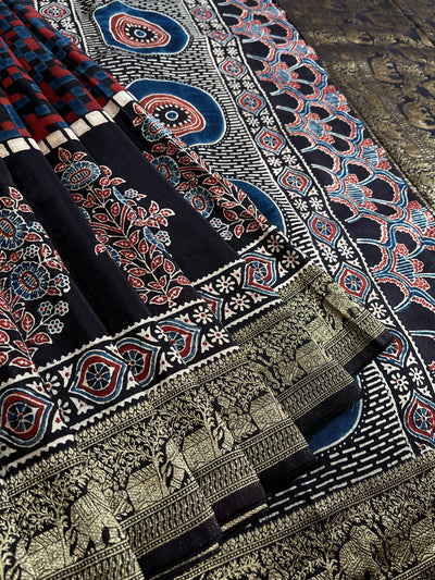 Rewa :Premium Dola Silk Meenakari Tissue Ajrakh