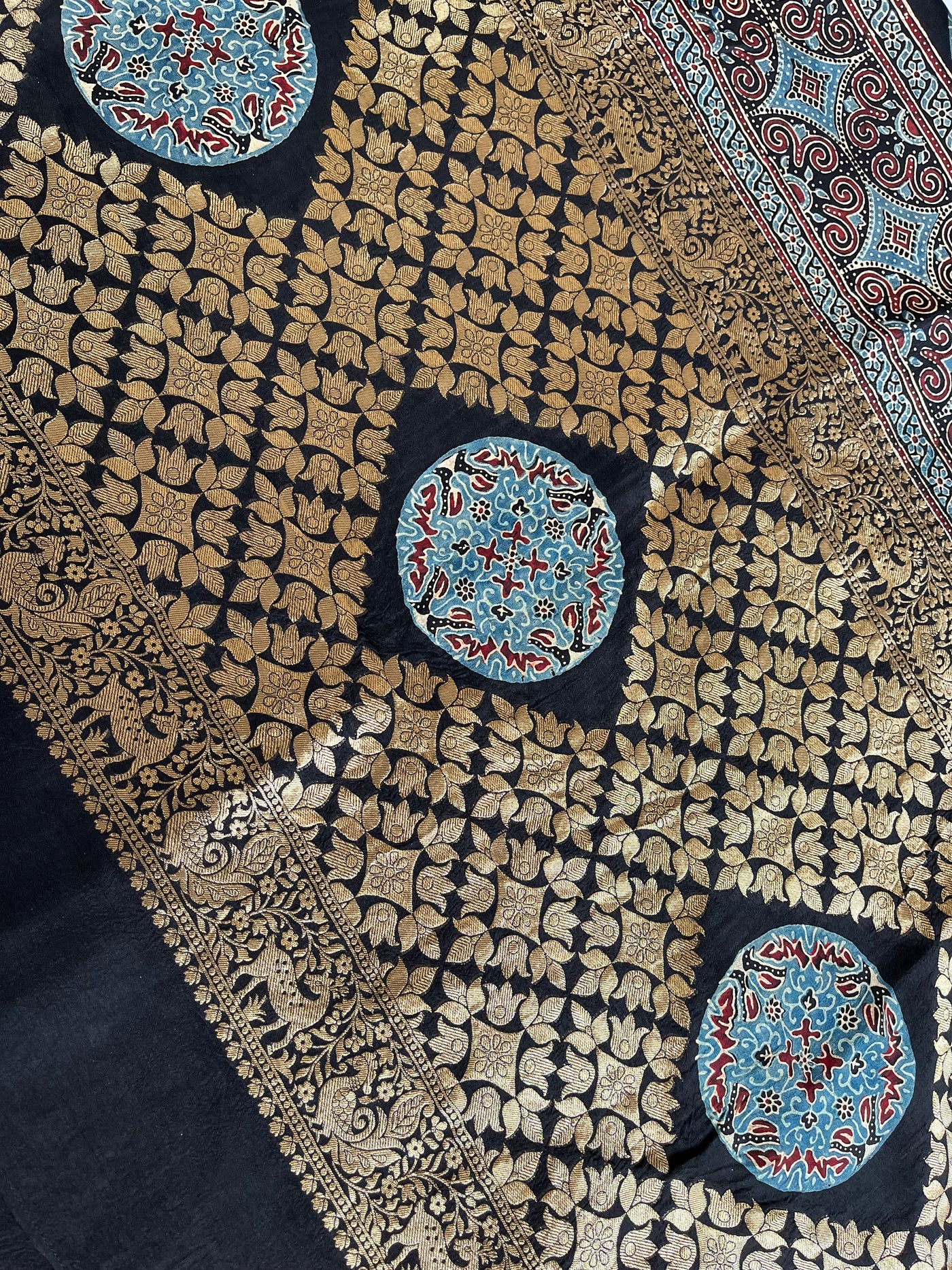 Garima:Handblock Ajrakh Dola Silk Saree with Meenakari Pallu