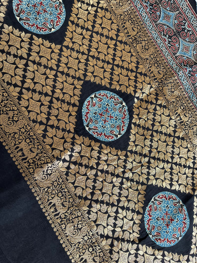 Garima:Handblock Ajrakh Dola Silk Saree with Meenakari Pallu