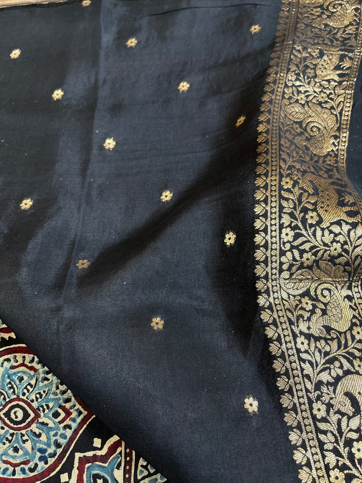 Garima:Handblock Ajrakh Dola Silk Saree with Meenakari Pallu