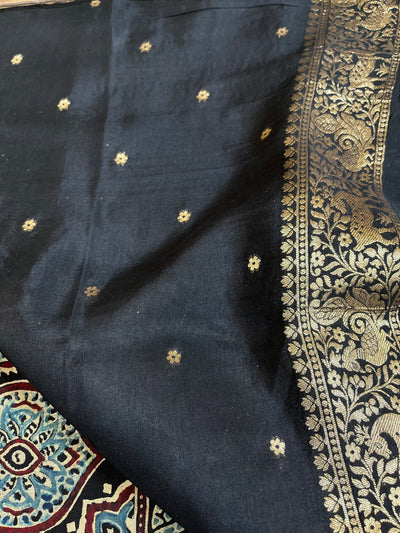 Garima:Handblock Ajrakh Dola Silk Saree with Meenakari Pallu