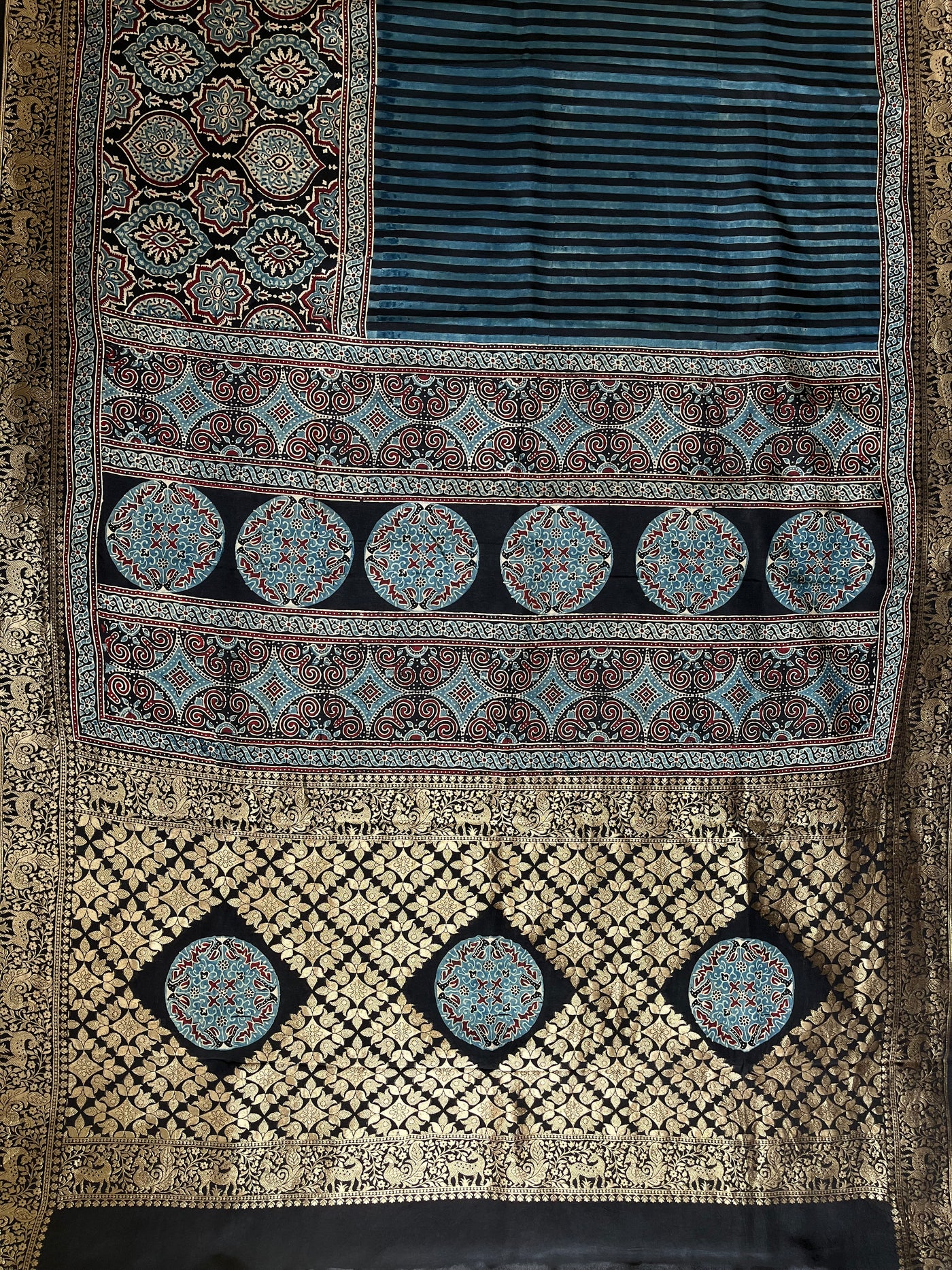 Garima:Handblock Ajrakh Dola Silk Saree with Meenakari Pallu
