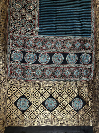 Garima:Handblock Ajrakh Dola Silk Saree with Meenakari Pallu