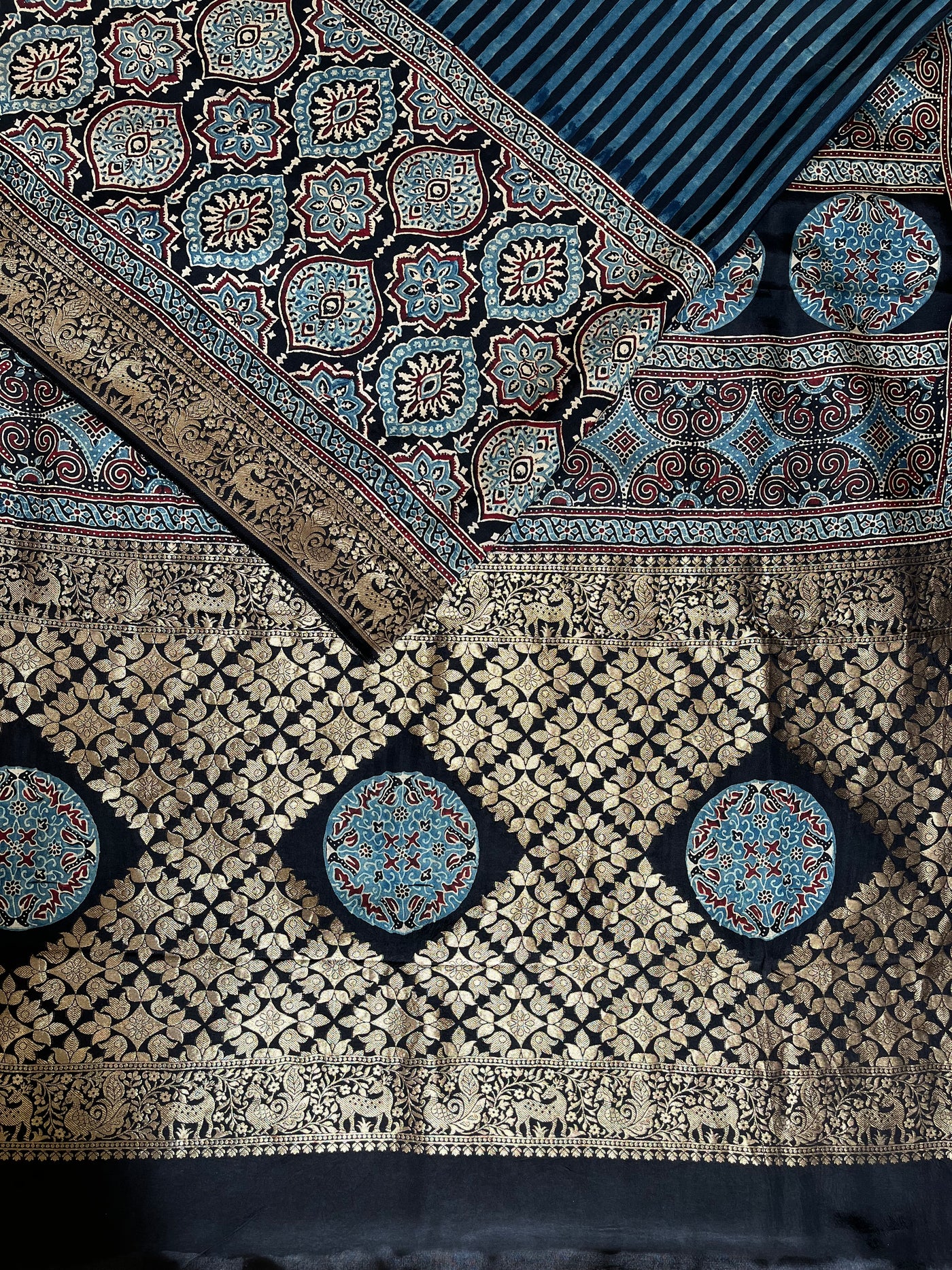 Garima:Handblock Ajrakh Dola Silk Saree with Meenakari Pallu