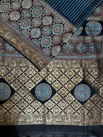 Garima:Handblock Ajrakh Dola Silk Saree with Meenakari Pallu