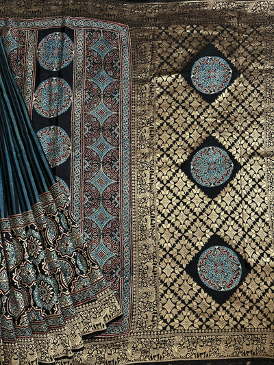 Garima:Handblock Ajrakh Dola Silk Saree with Meenakari Pallu