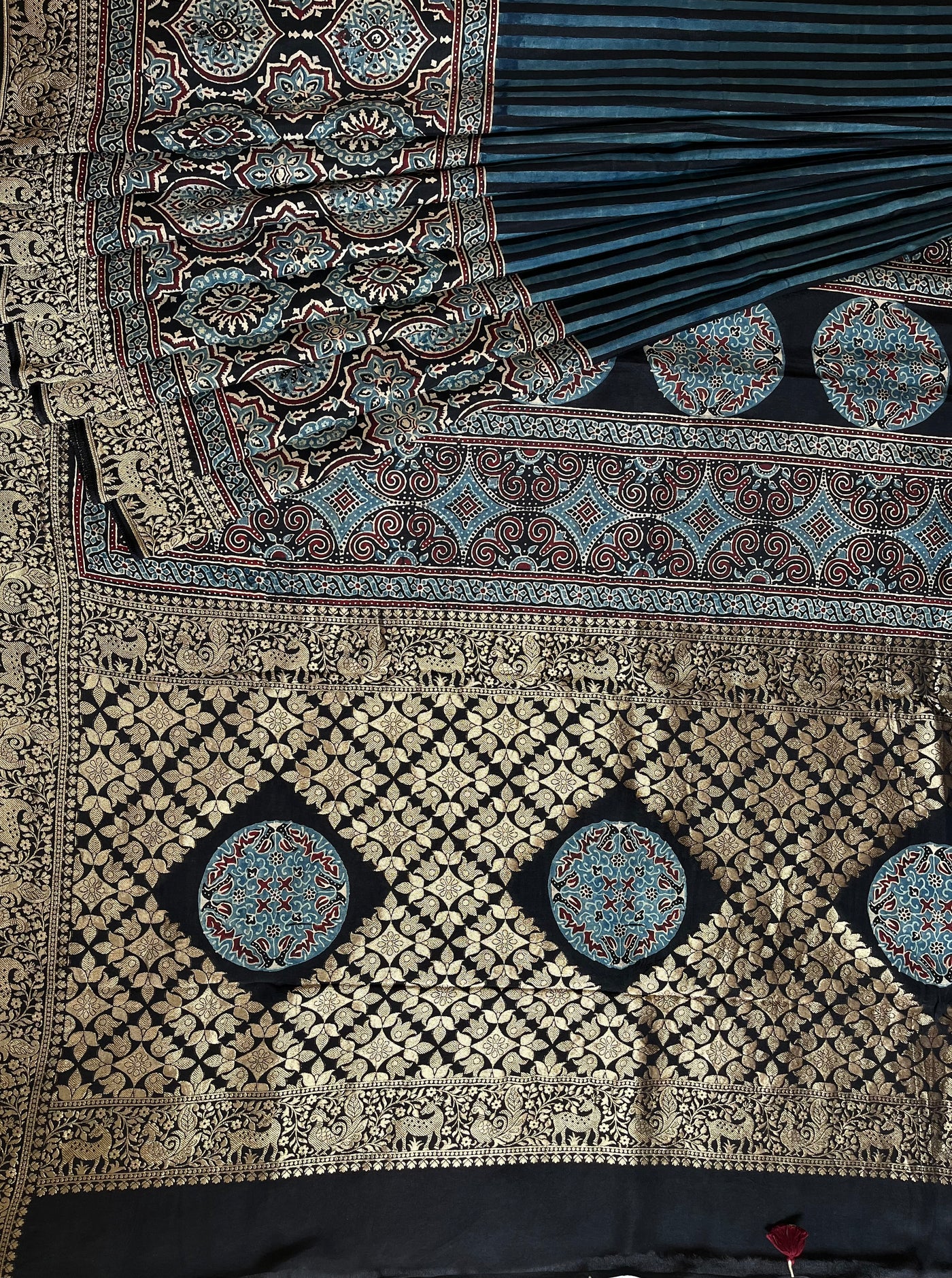 Garima:Handblock Ajrakh Dola Silk Saree with Meenakari Pallu