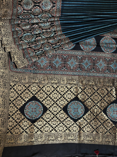 Garima:Handblock Ajrakh Dola Silk Saree with Meenakari Pallu