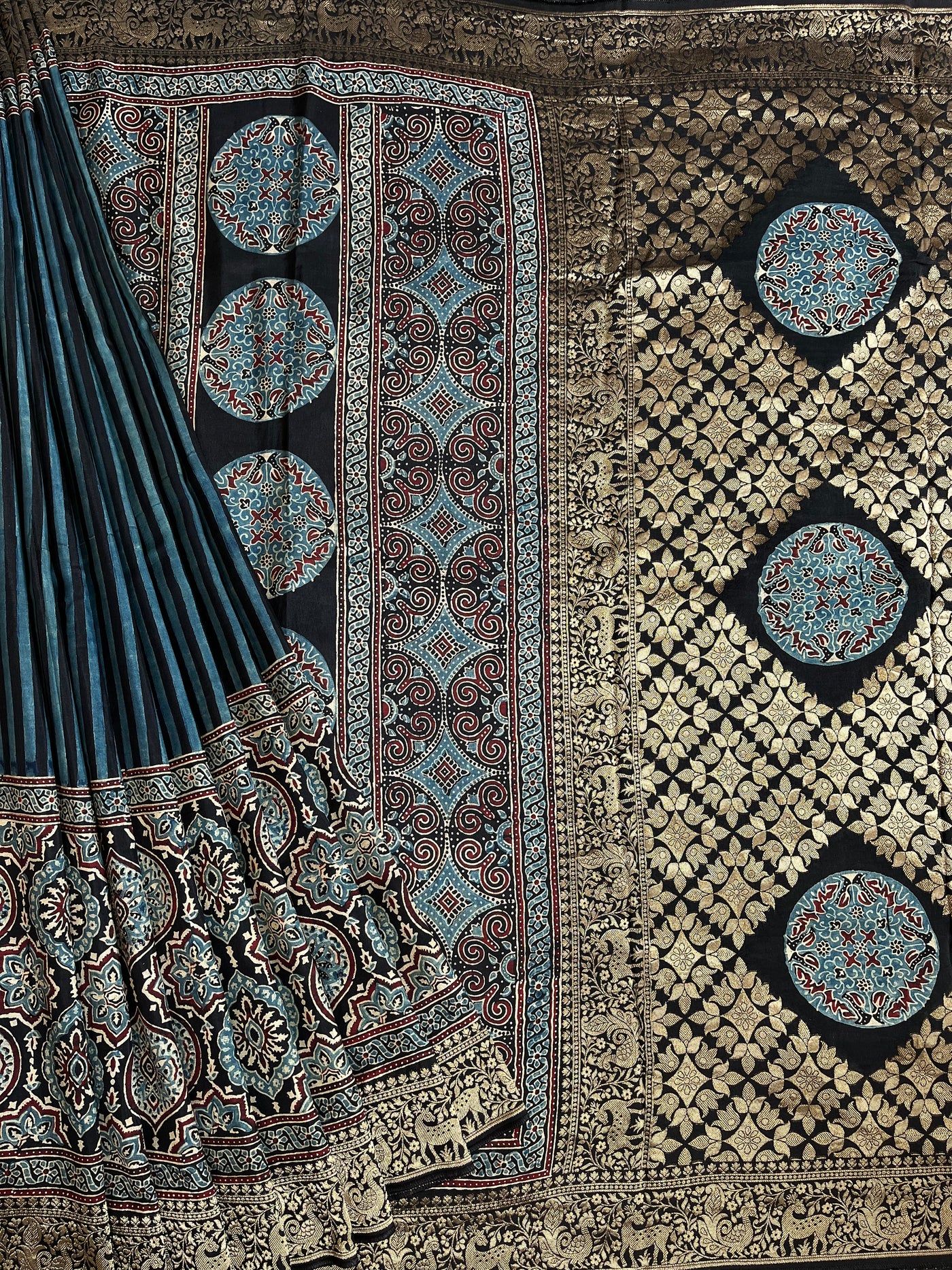 Garima:Handblock Ajrakh Dola Silk Saree with Meenakari Pallu