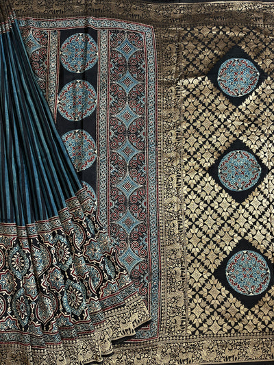Garima:Handblock Ajrakh Dola Silk Saree with Meenakari Pallu