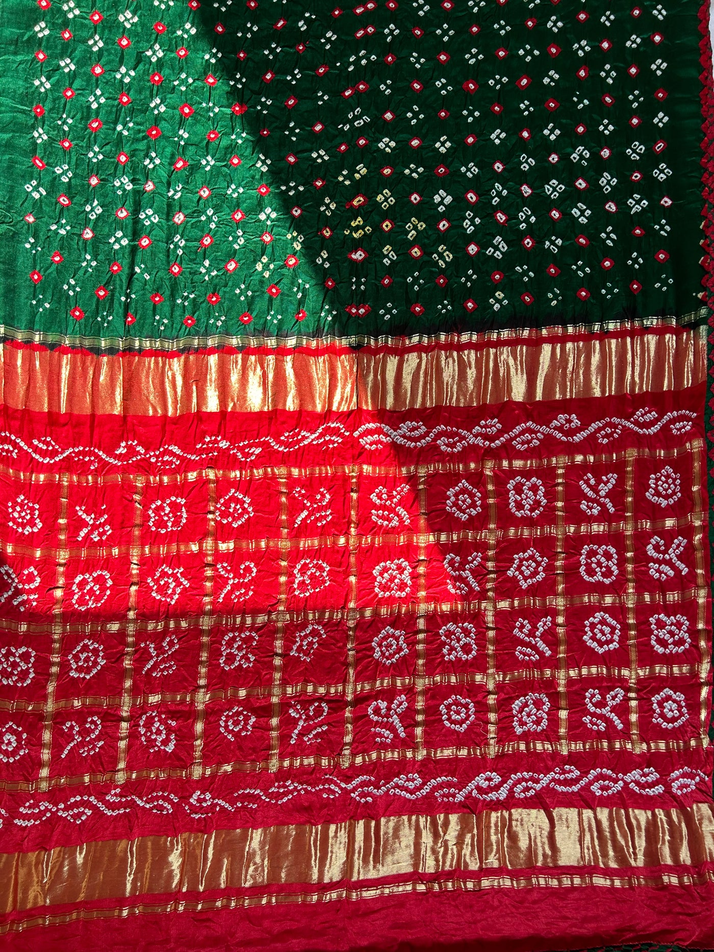 GUNJA: Pure Gajji Silk Rai dana designer Bandhani Gharchola Saree.