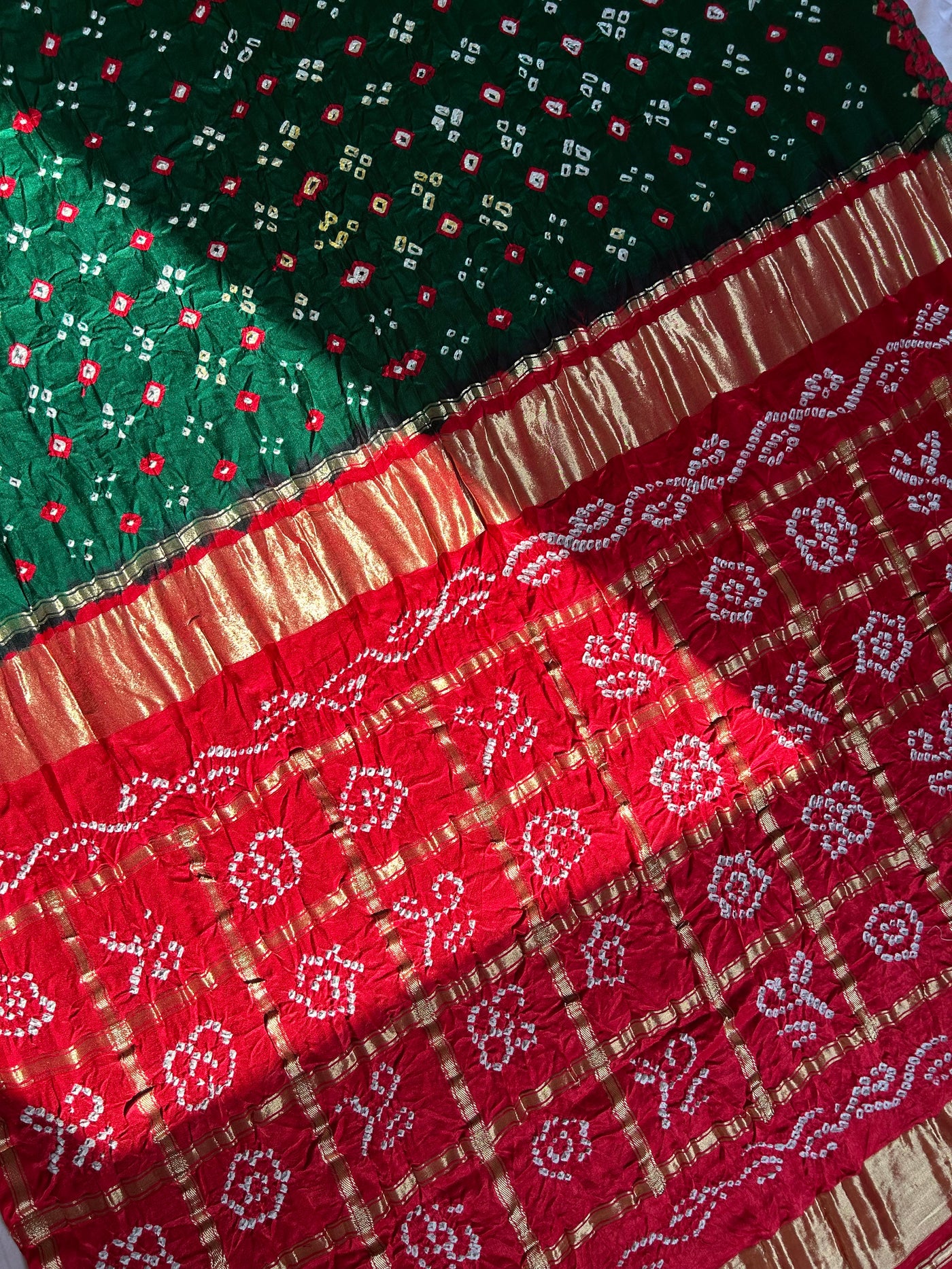 GUNJA: Pure Gajji Silk Rai dana designer Bandhani Gharchola Saree.