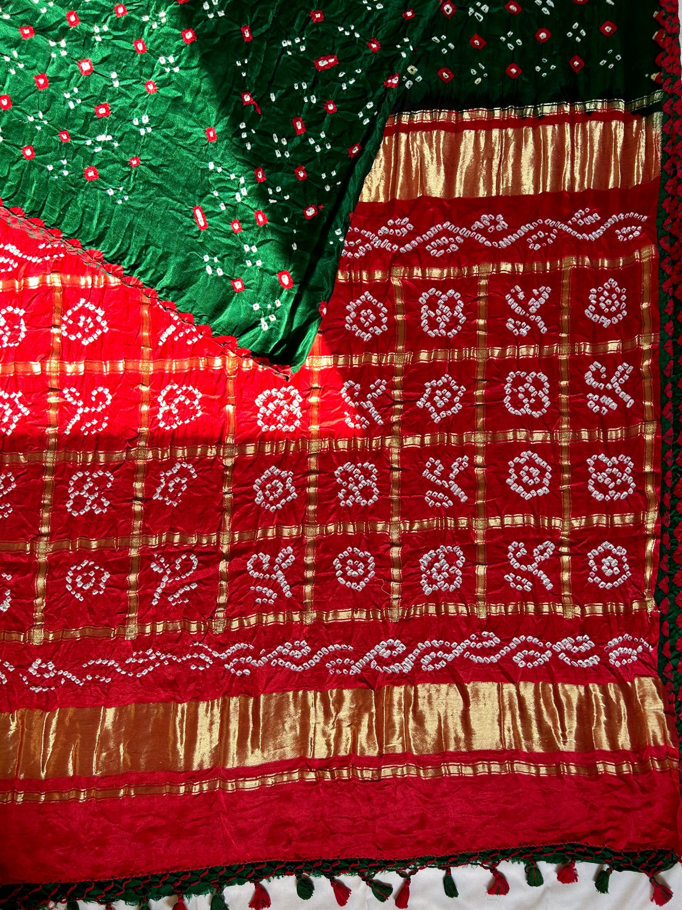 GUNJA: Pure Gajji Silk Rai dana designer Bandhani Gharchola Saree.