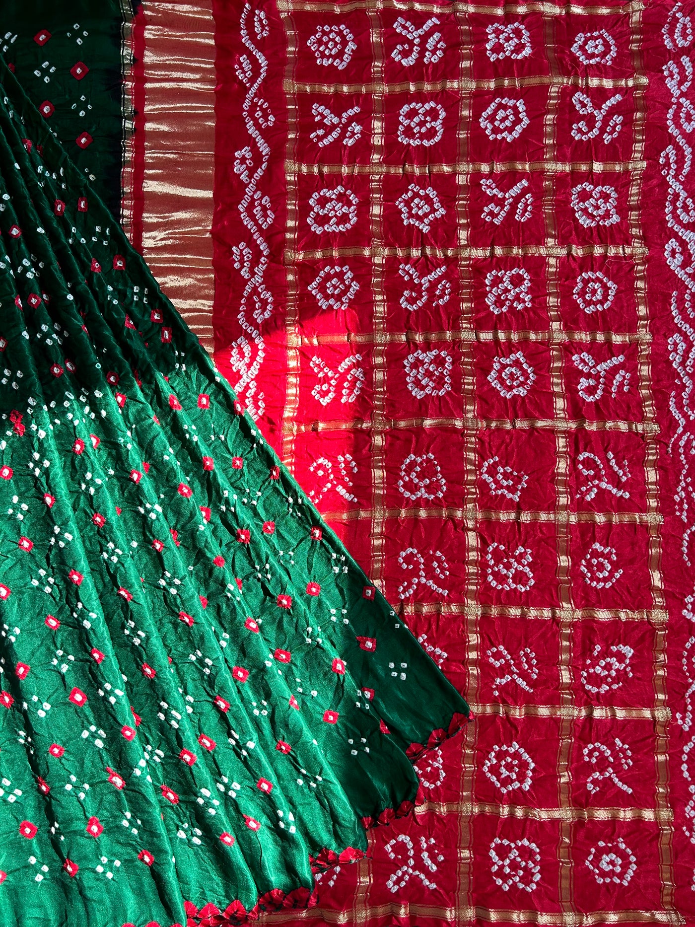 GUNJA: Pure Gajji Silk Rai dana designer Bandhani Gharchola Saree.