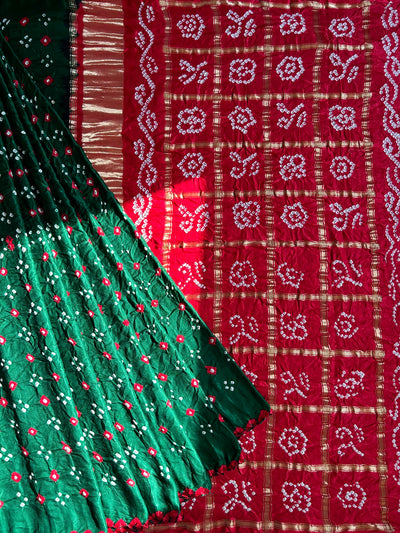 GUNJA: Pure Gajji Silk Rai dana designer Bandhani Gharchola Saree.