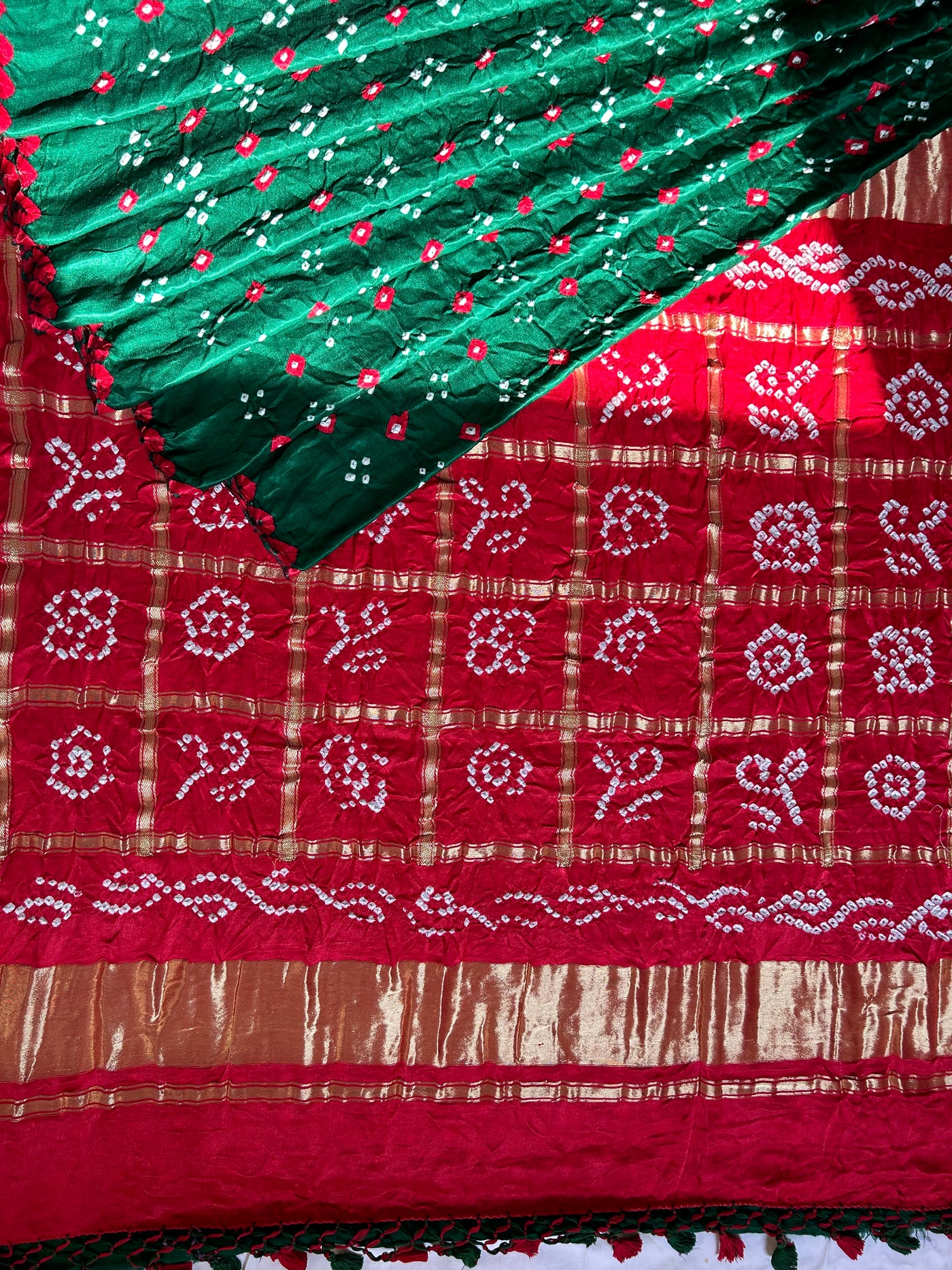 GUNJA: Pure Gajji Silk Rai dana designer Bandhani Gharchola Saree.