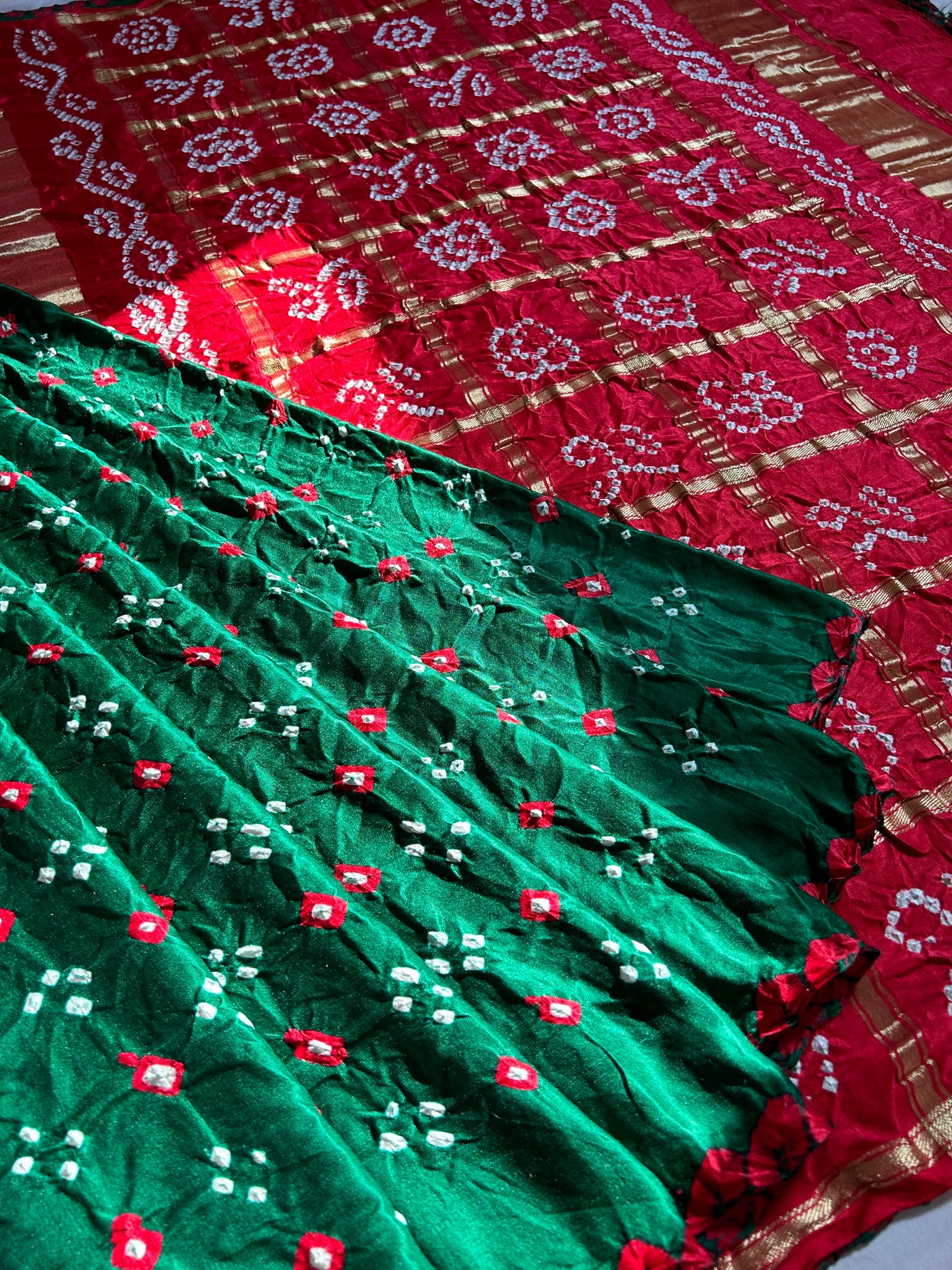 GUNJA: Pure Gajji Silk Rai dana designer Bandhani Gharchola Saree.