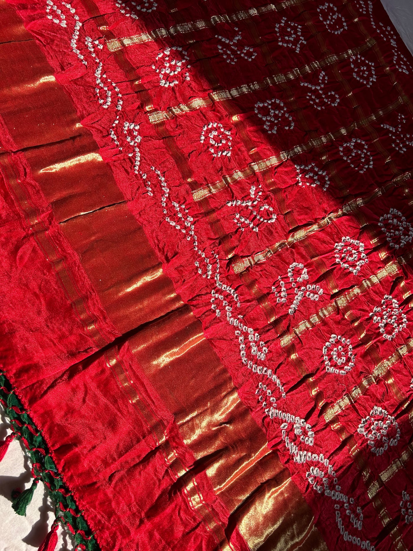 GUNJA: Pure Gajji Silk Rai dana designer Bandhani Gharchola Saree.