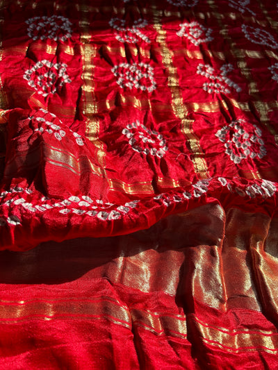 GUNJA: Pure Gajji Silk Rai dana designer Bandhani Gharchola Saree.