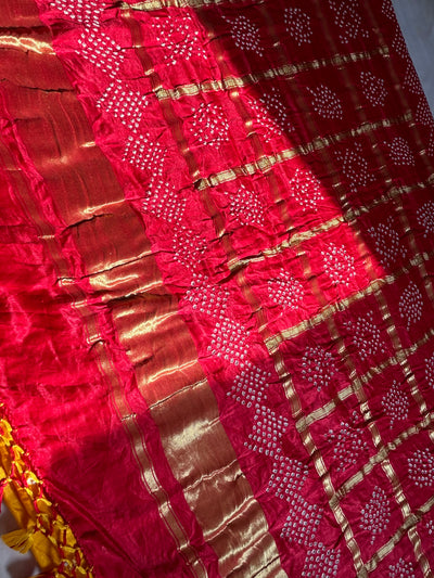 MASAKALI: Pure Gajji Silk Rai dana designer Bandhani Gharchola Saree.