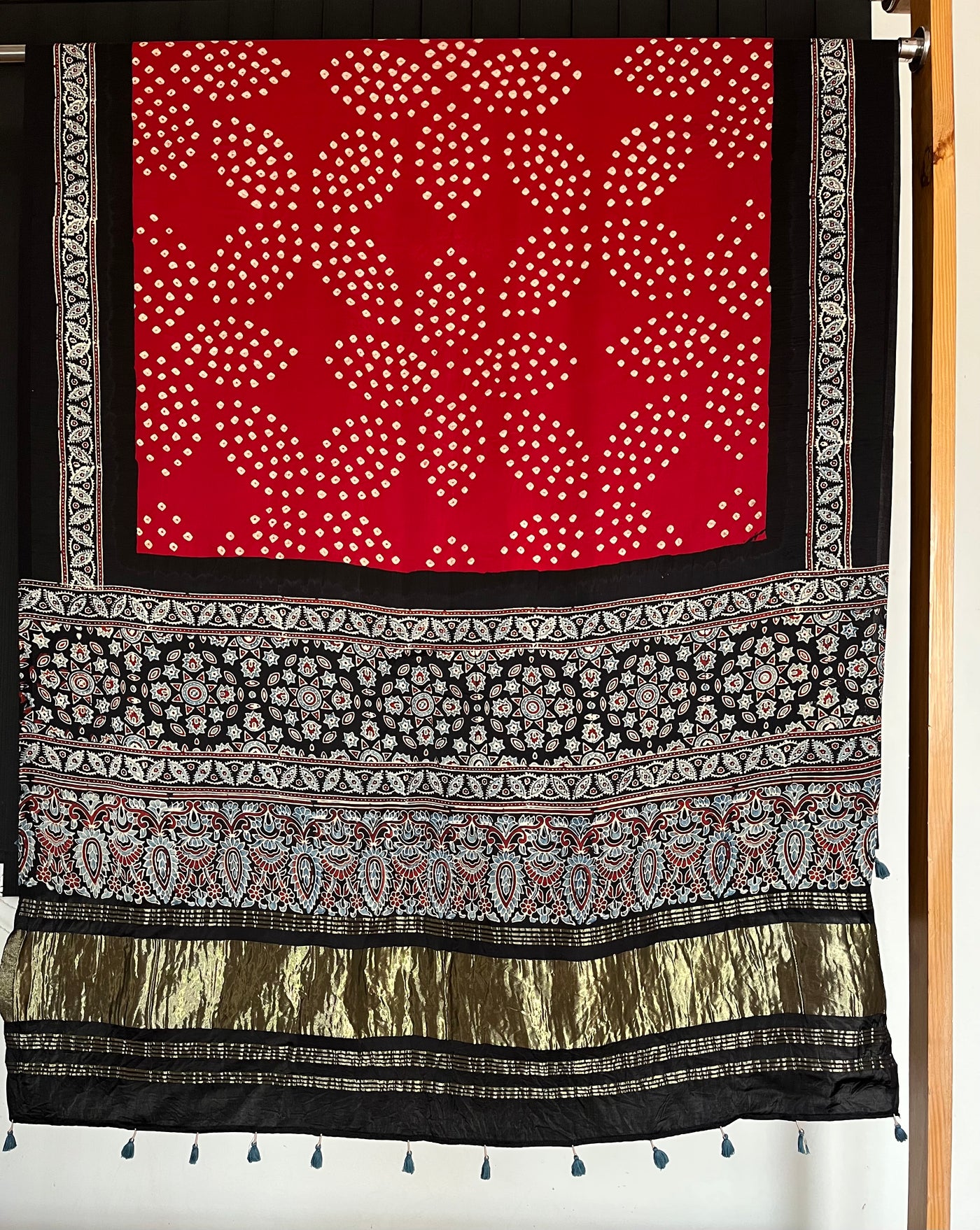 RAMYA : HANDMADE BANDHANI AJRAKH MODAL SILK DUPATTA WITH TISSUE