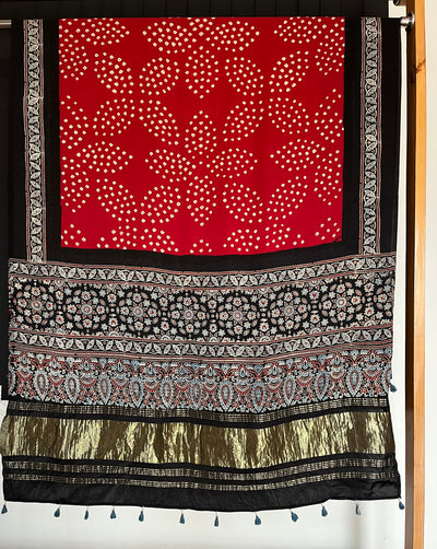 RAMYA : HANDMADE BANDHANI AJRAKH MODAL SILK DUPATTA WITH TISSUE