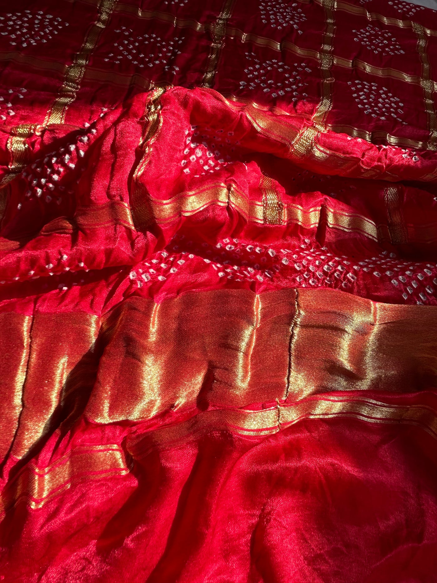 MASAKALI: Pure Gajji Silk Rai dana designer Bandhani Gharchola Saree.