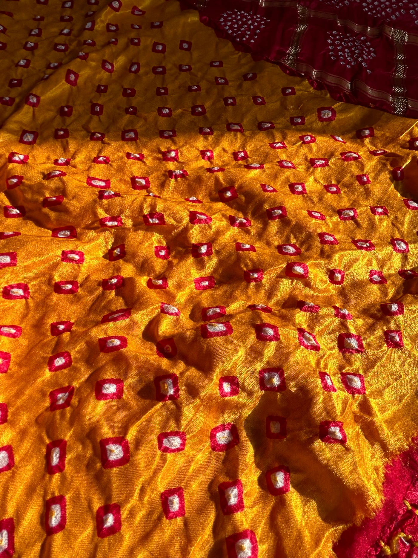 MASAKALI: Pure Gajji Silk Rai dana designer Bandhani Gharchola Saree.