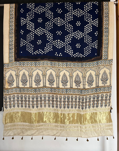 RIWAAJ : HANDMADE BANDHANI AJRAKH MODAL SILK DUPATTA WITH TISSUE