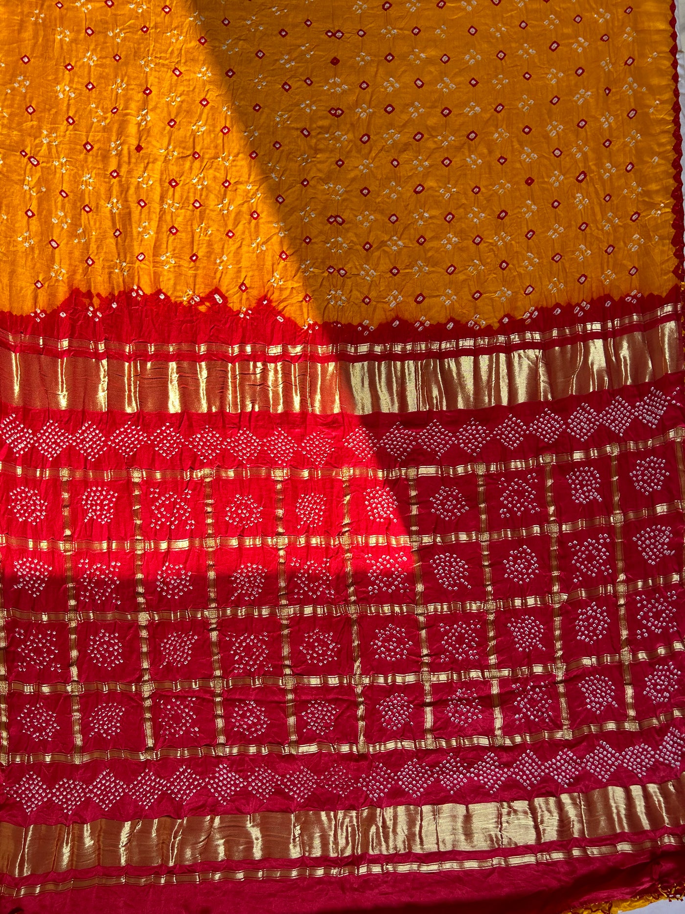 MASAKALI: Pure Gajji Silk Rai dana designer Bandhani Gharchola Saree.