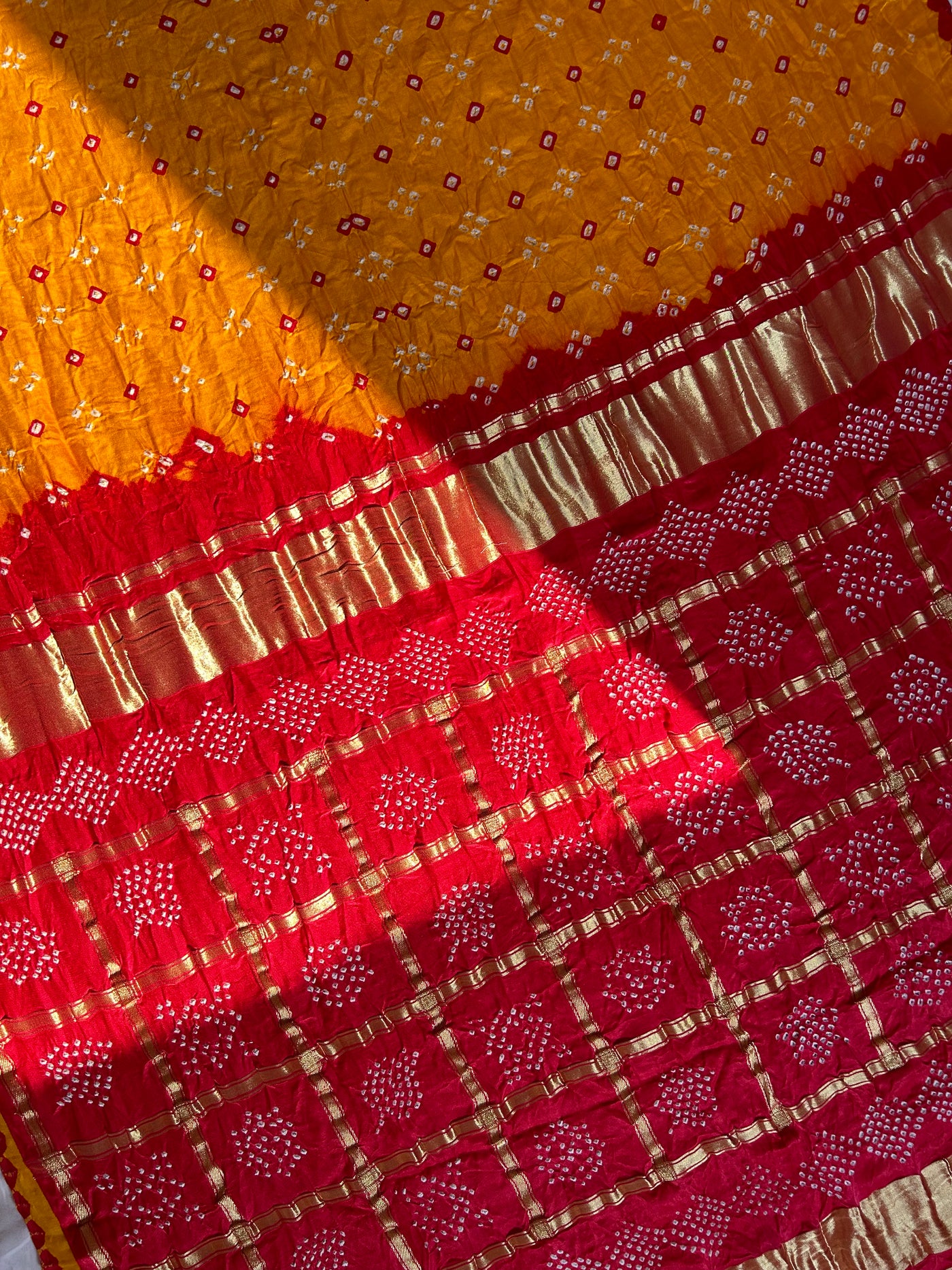 MASAKALI: Pure Gajji Silk Rai dana designer Bandhani Gharchola Saree.