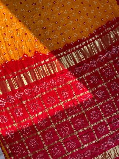 MASAKALI: Pure Gajji Silk Rai dana designer Bandhani Gharchola Saree.