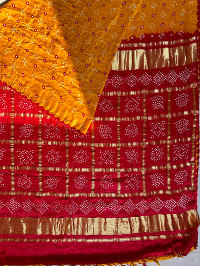 MASAKALI: Pure Gajji Silk Rai dana designer Bandhani Gharchola Saree.