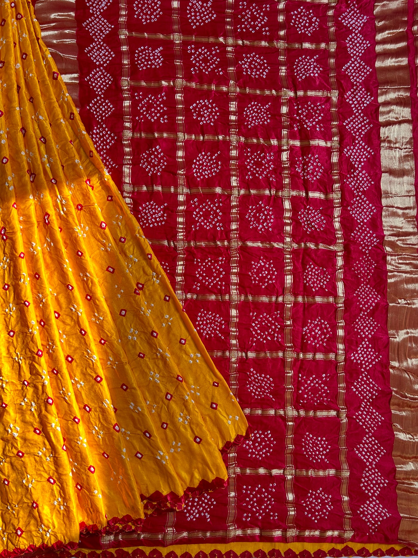 MASAKALI: Pure Gajji Silk Rai dana designer Bandhani Gharchola Saree.