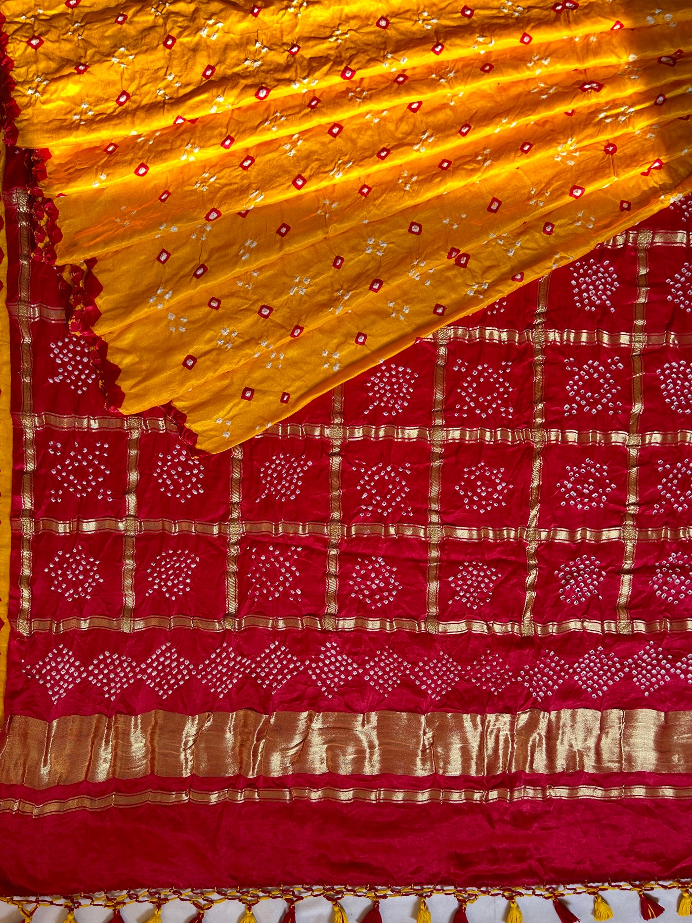 MASAKALI: Pure Gajji Silk Rai dana designer Bandhani Gharchola Saree.