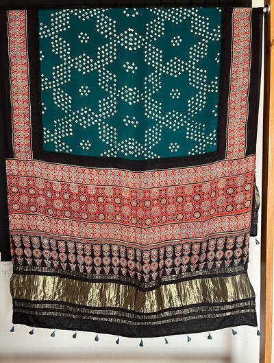SRIJAN : HANDMADE BANDHANI AJRAKH MODAL SILK DUPATTA WITH TISSUE