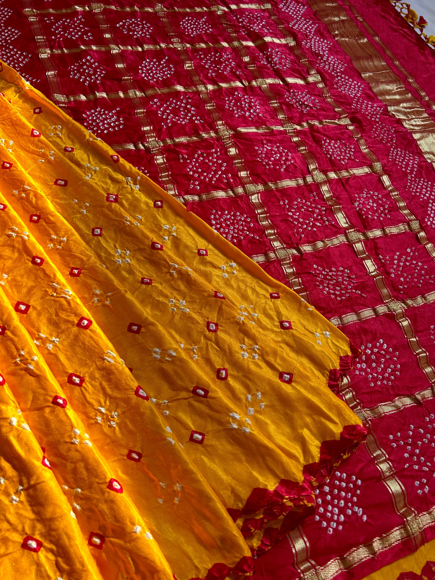 MASAKALI: Pure Gajji Silk Rai dana designer Bandhani Gharchola Saree.