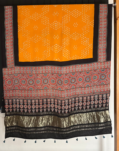 GAURI : HANDMADE BANDHANI AJRAKH MODAL SILK DUPATTA WITH TISSUE
