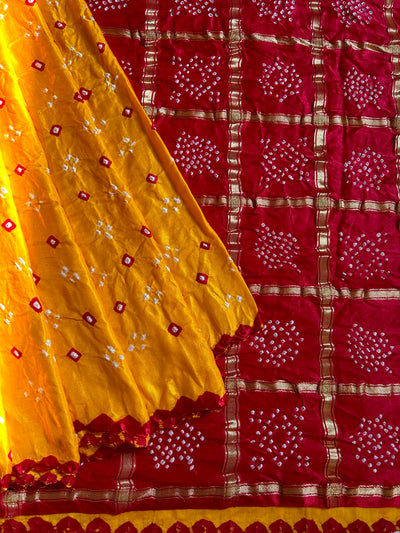 MASAKALI: Pure Gajji Silk Rai dana designer Bandhani Gharchola Saree.