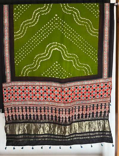 GARGI: HANDMADE BANDHANI AJRAKH MODAL SILK DUPATTA WITH TISSUE