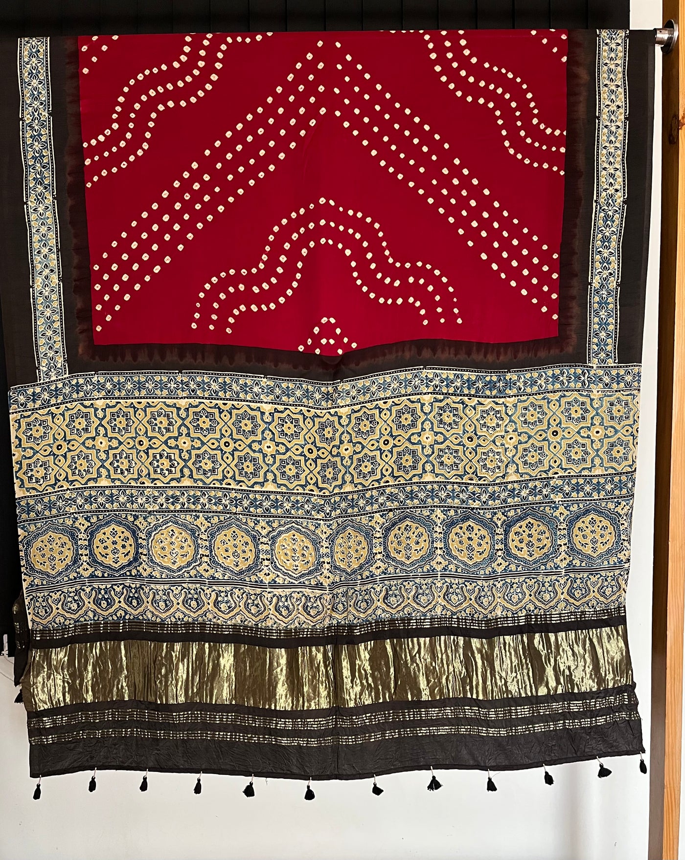 APSARA: HANDMADE BANDHANI AJRAKH MODAL SILK DUPATTA WITH TISSUE