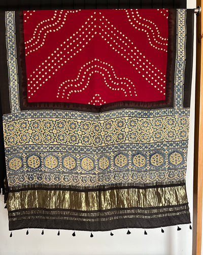 APSARA: HANDMADE BANDHANI AJRAKH MODAL SILK DUPATTA WITH TISSUE