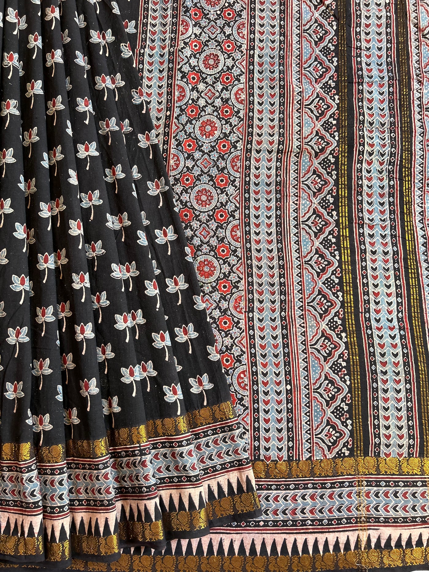 KRIPA: Handblock printed ajrakh madurai cotton saree