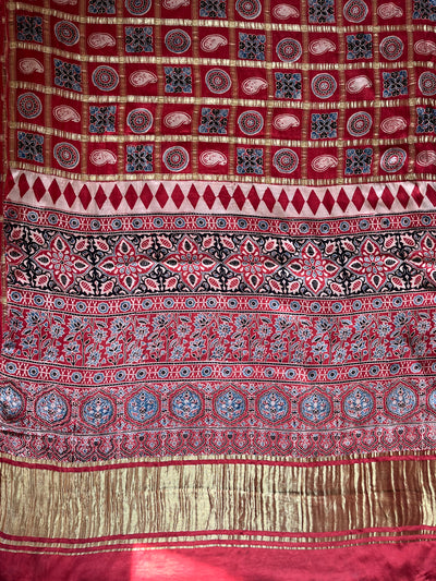 NISHABD :HANDBLOCK AJRAKH MODAL SILK GHARCHOLA SAREE