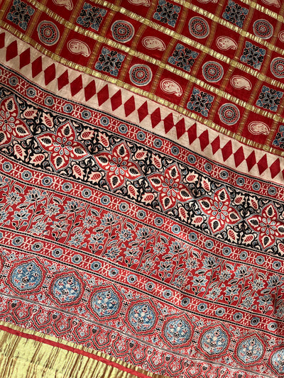 NISHABD :HANDBLOCK AJRAKH MODAL SILK GHARCHOLA SAREE