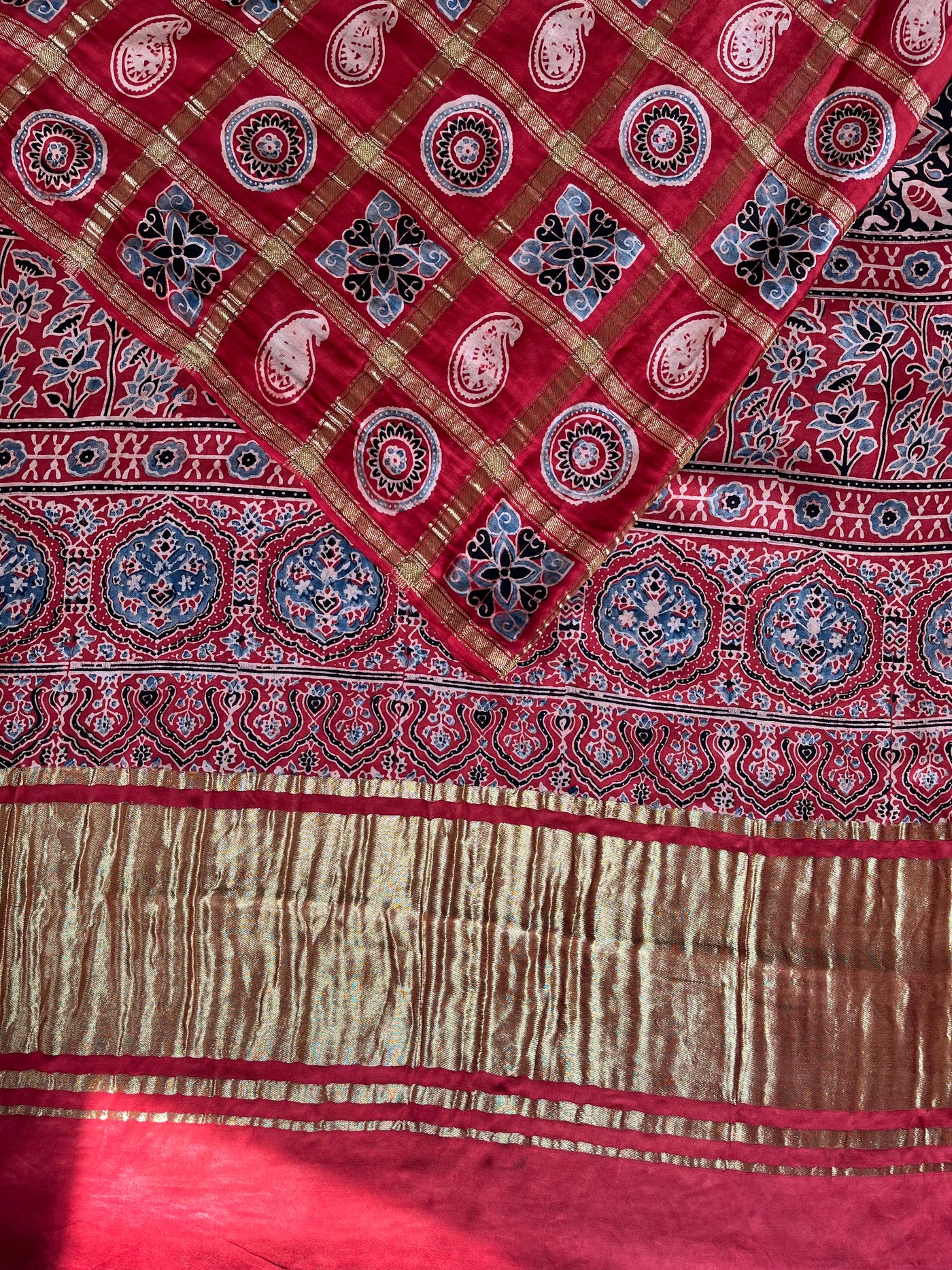NISHABD :HANDBLOCK AJRAKH MODAL SILK GHARCHOLA SAREE